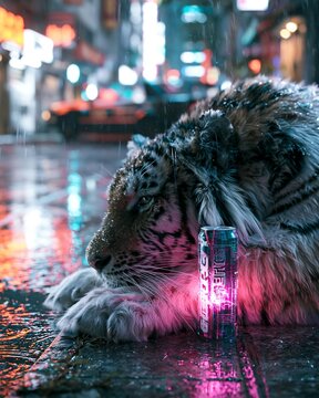 Tiger and drink on wet street at night in city with neon reflections