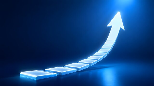 Glowing bright blue steps forming an upward arrow representing business strategy financial growth and career progress success concept