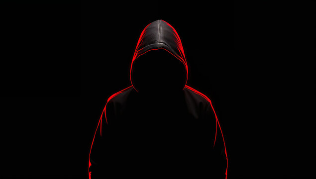 不吉な赤いネオン光に縁取られた顔のない黒いフードのハッカーシルエットの正面ポートレート