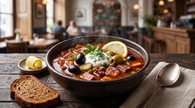 Solyanka meat soup with olives