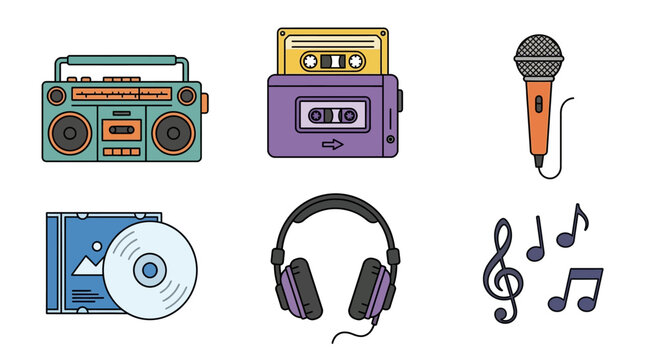 Set of retro music and vintage audio equipment icons