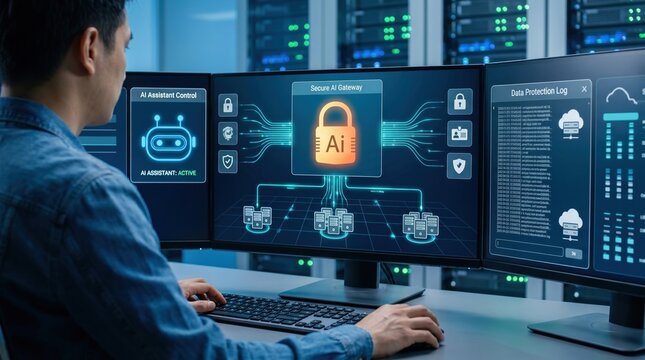 Man monitoring secure AI gateway on triple monitor setup in server room, artificial intelligence data protection log, cybersecurity control interface, network safety and digital...