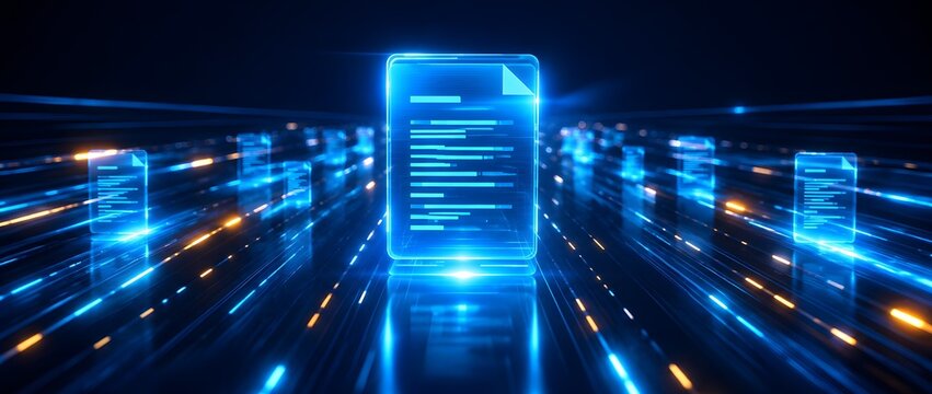 Central glowing digital document standing out in a fast-moving data stream, representing important electronic records, focus on key information, and cloud storage
