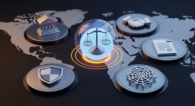Metallic icons of law and order placed on a world map. Illustrating justice & security