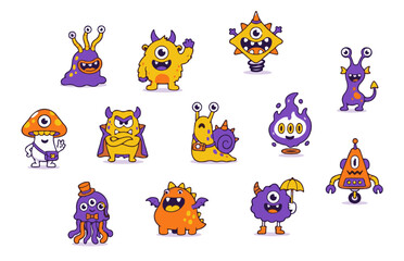 Obraz premium Cute cartoon alien monster and creature characters sticker set. Vector collection of funny purple and yellow emojis like mushroom monster, snail, octopus with hat, and fire flame on white background.⁠