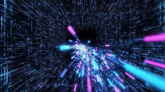 Abstract digital data stream, cyberspace tunnel with neon lights, fast motion blur effect, blue and purple glowing particles, futuristic technology background