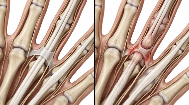 Medical illustration comparing healthy hand tendon to stenosing tenosynovitis trigger finger anatomy with inflammation