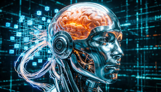 Futuristic cyborg head profile, glowing orange brain, chrome texture, surrounded