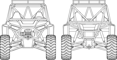 Fototapeta premium Off-road dune buggy tubular chassis blueprint technical drawing front and rear view in line art