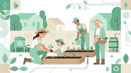 Fototapeta premium Family gardening, community, sustainability, organic farming, healthy lifestyle