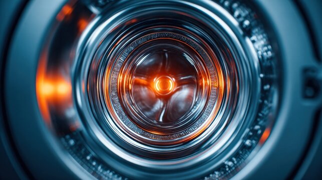 Close-up of a washing machine drum with an orange glow.