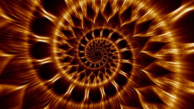 Seamless animation of a golden mandala pattern swirl. Geometric graphic spiral with flare light.