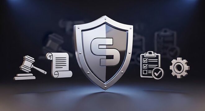 Metallic shield with "S", surrounded by law, document, and checklist icons, dark backdrop