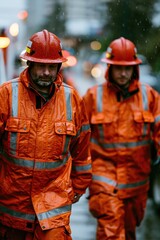 Obraz premium Emergency responders walking in rain with urban lights in background