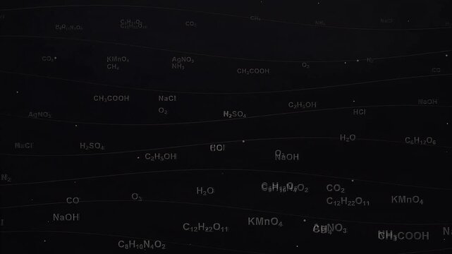 Abstract chemical compounds floating in space with scientific notation, seamless loop, symbolizing molecular research and scientific discovery