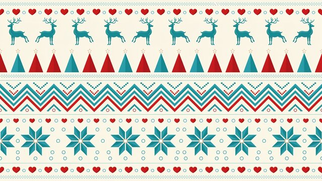 Seamless winter holiday pattern with reindeer hearts trees snowflakes zigzag geometric motifs for seasonal decorative design