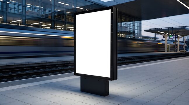 Blank advertising billboard at a modern train station with blurred motion of passing train.