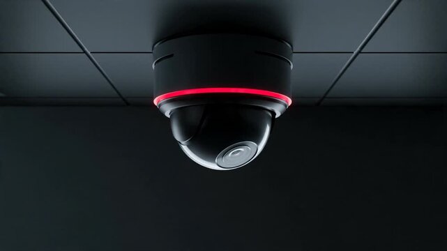A sleek black dome security camera with a red light slowly pans across a dark room, illustrating constant surveillance and modern monitoring technology.