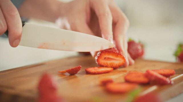 In a bright kitchen, a man slices ripe, juicy strawberries into thin slices on a cutting board. An idea for making a homemade summer dessert with fresh red berries