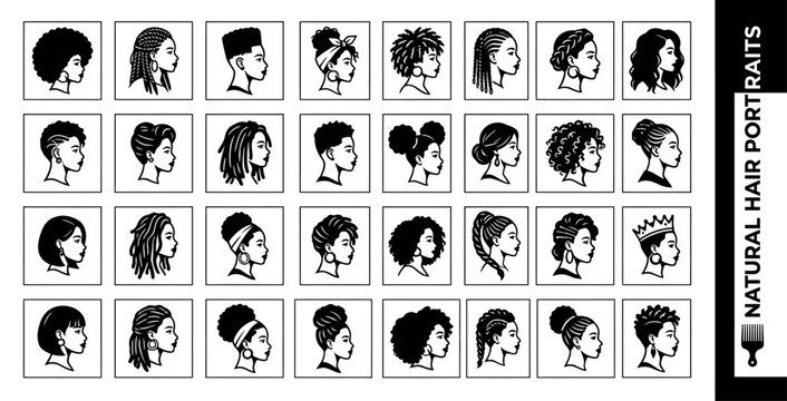 Vector silhouette collection of diverse African American people profile portraits with natural hairstyles, afro, braids, and locs icons