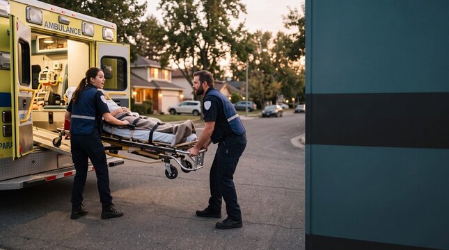 Paramedic team loading patient on stretcher into yellow ambulance on evening suburban street illustrating emergency medical service and urgent rescue care.