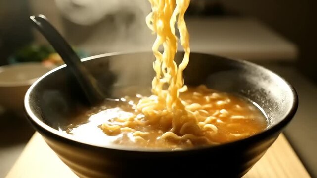 Hot steaming ramen noodles in savory broth high quality 4k stock video style close up of asian cuisine meal