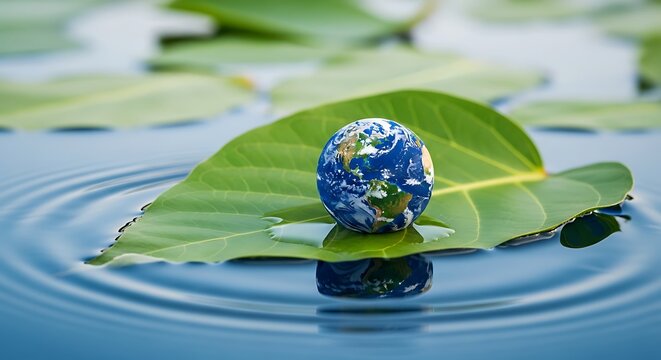 Miniature Earth globe rests on a green leaf floating on rippling water, reflecting below