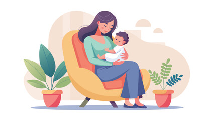 Fototapeta premium Loving mother holding her baby in an armchair. Caring parent cuddling a newborn infant.
