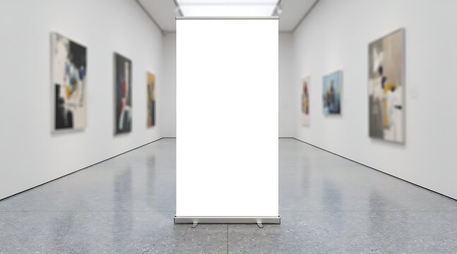 Blank Roll Up Banner Displayed in Modern Art Gallery Exhibition Hall.