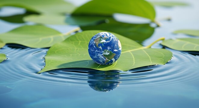 Miniature globe resting on a leaf floating in water, symbolizing Earth's fragility