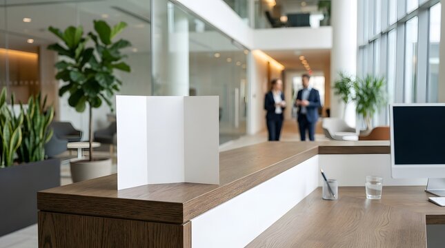 Blank white tri-fold brochure mockup standing on a wooden reception desk in a modern corporate office lobby with blurred professionals and green indoor plants in the background.