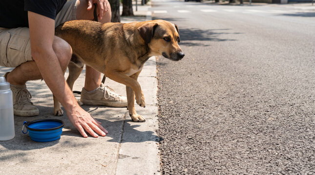 Dog lifting paw from hot pavement beside water bowl, pet safety and paw burn risk during extreme summer heat wave