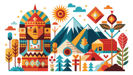 Naklejka premium Indigenous culture vector illustration. Native American heritage art with tribal landscape.