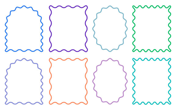 Frame border. Wavy scallop edge shape. Fun bold frames. Grainy blur halftone flower photo art. Cute square rectangle vector border.