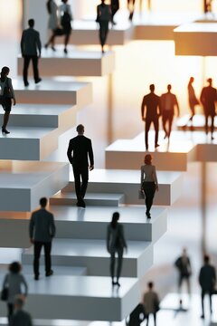 Business professionals ascending interconnected platforms in modern atrium