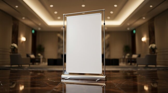 Blank Sign in Elegant Hotel Lobby with Soft Lighting.