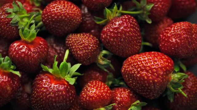 A berry texture background with a close-up of the strawberry grains. A concept of ripe berries for dessert. Smooth camera movement