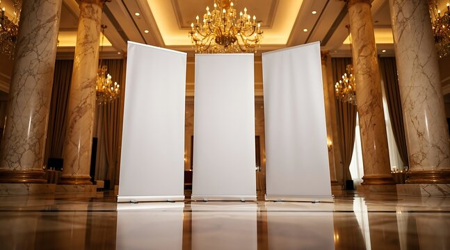 Elegant Ballroom with Three Blank Roll-Up Banners and Chandeliers.