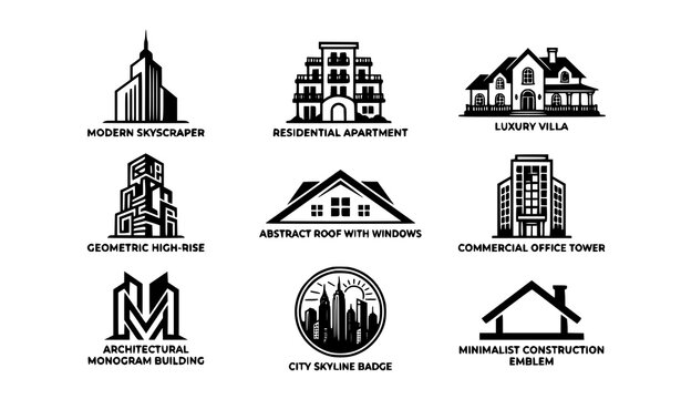 Real estate building logo concepts with skyscraper, apartment, villa, monogram and skyline badge icon set vector collection