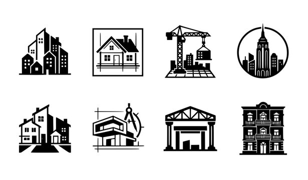 Architecture and construction logo icon set with houses, crane, blueprint, columns and townhouse building designs vector