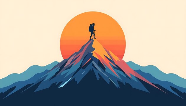 Hiker standing on mountain peak at sunrise illustrating success with mountain climbing adventure achievement landscape exploration motivation determination trekking silhouette