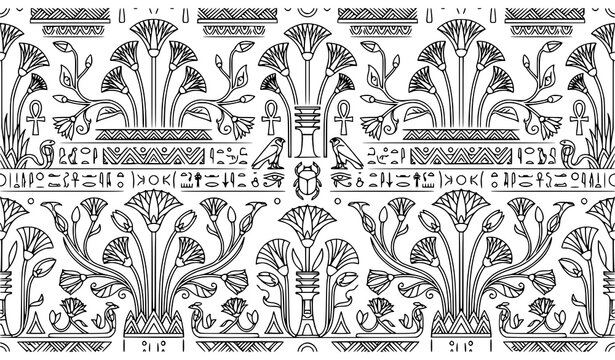 Seamless Egyptian National Ornament Pattern with Lotus Flowers Linear Vector Design