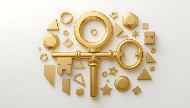 Golden antique skeleton key surrounded by small metallic geometric shapes on white background with geometry background treasure security creative conceptual abstract isolated metallic