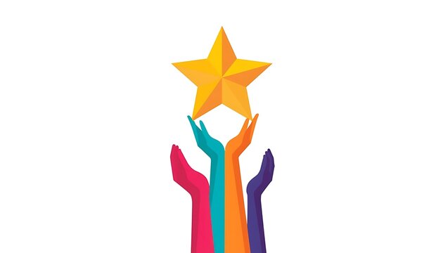 Colorful hands reaching up towards a shining golden star symbolizing success and achievement with achievement teamwork reaching ambition diversity community collaboration aspiration