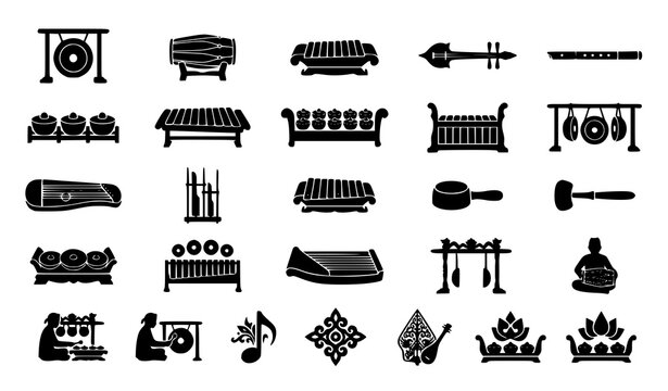 Traditional Indonesian Gamelan Instrument Silhouette Logo Set Vector Illustration
