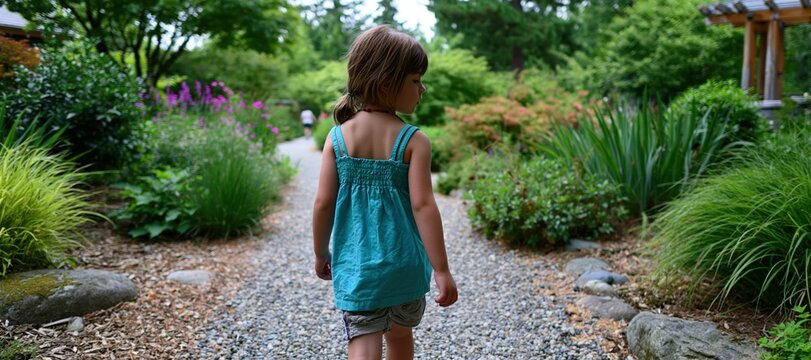 Child practicing mindful walking on garden path surrounded by lush greenery