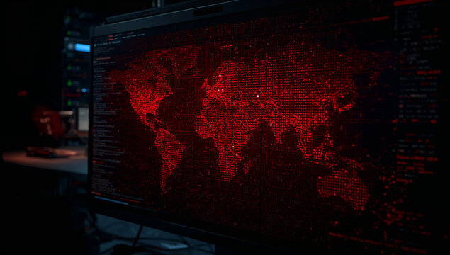 暗いサーバールームの環境下で世界地図全域に感染ノードが広がる赤いボットネット可視化画面