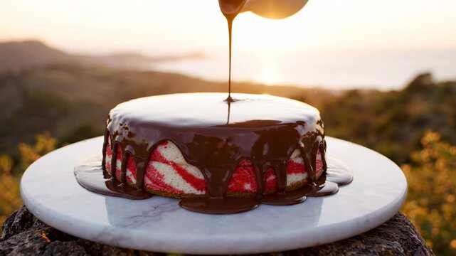 Decorative swirled cake with red and white patterns being drizzled with dark chocolate sauce outdoors at sunset, scenic view