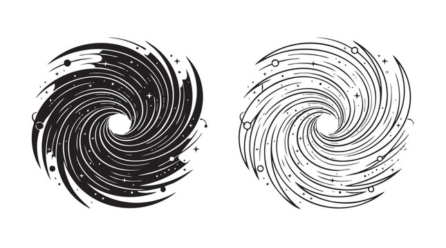 wormhole time warp silhouette with line art vector icon, swirling space portal design