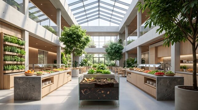 Modern Sustainable Indoor Food Hall With Fresh Organic Produce and Biophilic Architecture